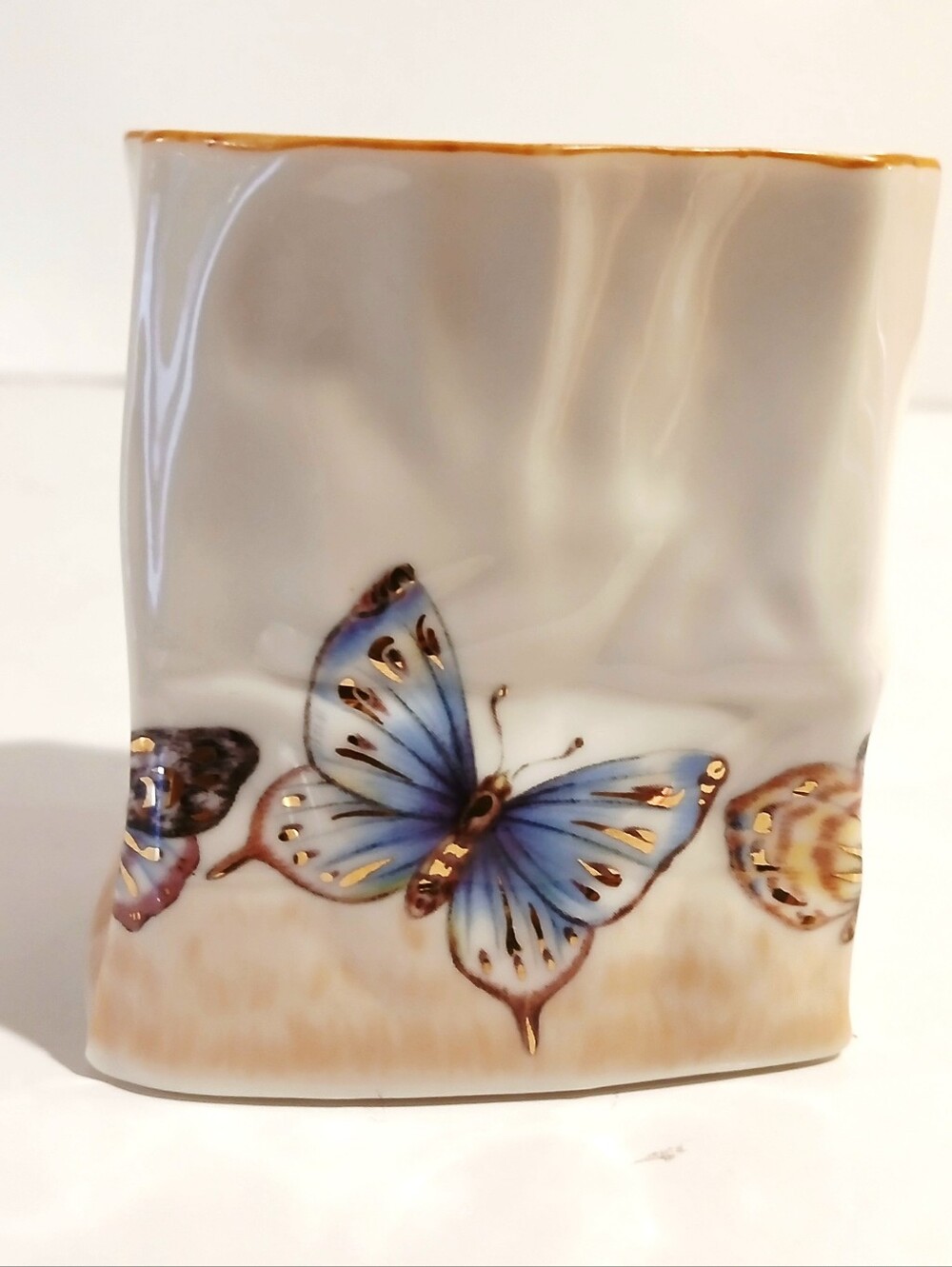 Vintage Porcelain Mini Bag Blue Butterfly Decorative Vase - Gold Accents